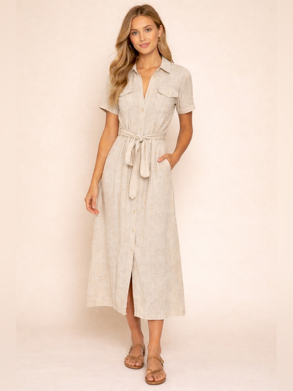 Linen/Viscose Blend Beige Button-Front Shirt Dress with Tie Waist